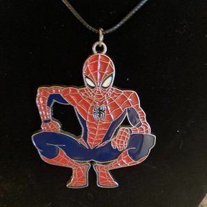Silver Tone Kneeling Spiderman on Black Leather Cording Gift for Spiderman Fans